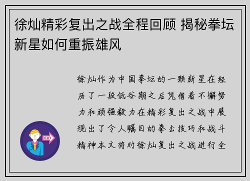 徐灿精彩复出之战全程回顾 揭秘拳坛新星如何重振雄风