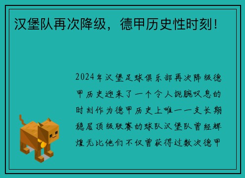 汉堡队再次降级，德甲历史性时刻！