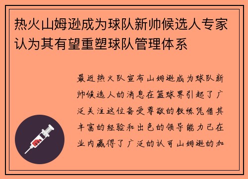 热火山姆逊成为球队新帅候选人专家认为其有望重塑球队管理体系