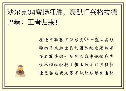 沙尔克04客场狂胜，轰趴门兴格拉德巴赫：王者归来！