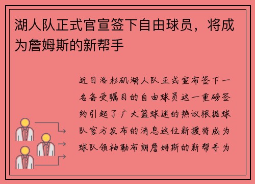 湖人队正式官宣签下自由球员，将成为詹姆斯的新帮手